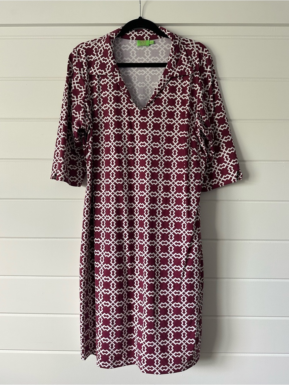 Katherine Way Burgundy and White Geometric V-Neck Midi Dress